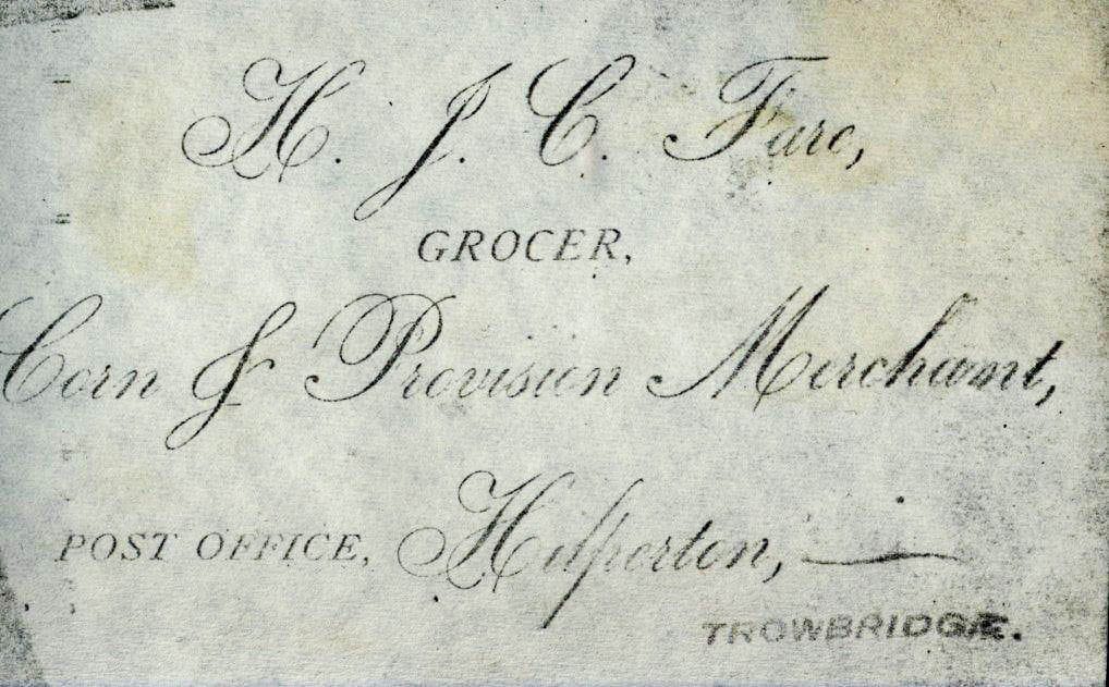 An engraved billhead: 'H. J. C. Fare, Grocer, Corn & Provision Merchant, Post Office, Hilperton, Trowbridge.'