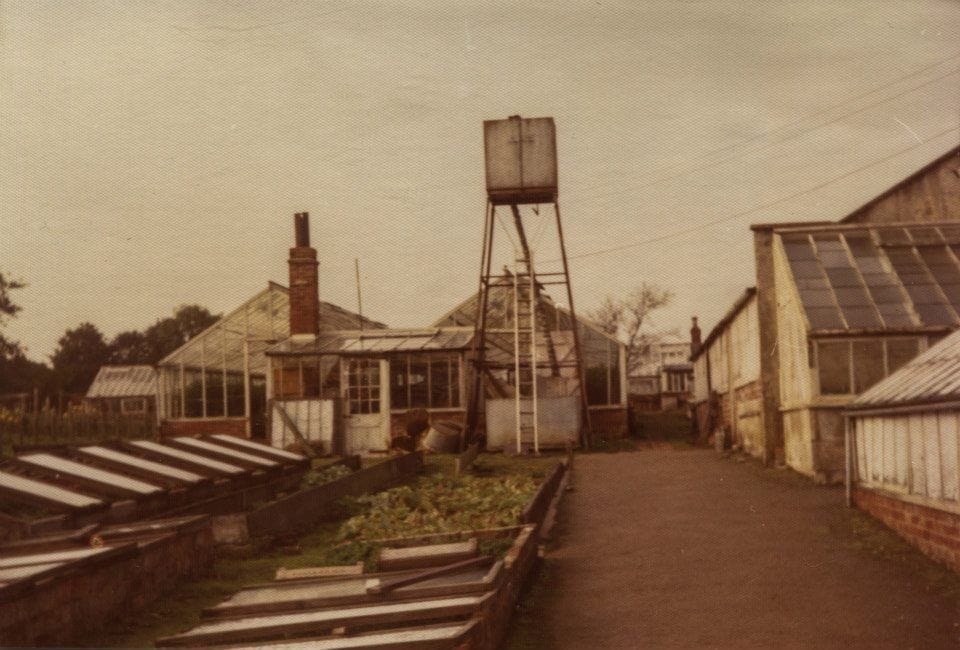 Cold frames and a raised water tower — the working infrastructure of the nursery, and useful evidence for a future reconstruction.