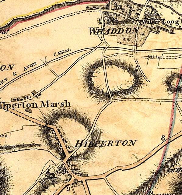 A detail from an engraved county map showing Hilperton, Hilperton Marsh and Whaddon, with the canal running through.